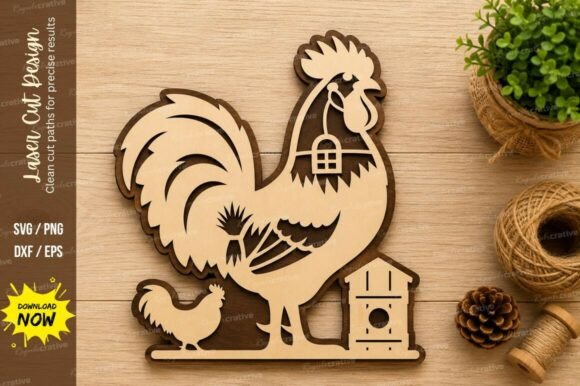 Farm Rooster Scene Laser Cut SVG Design